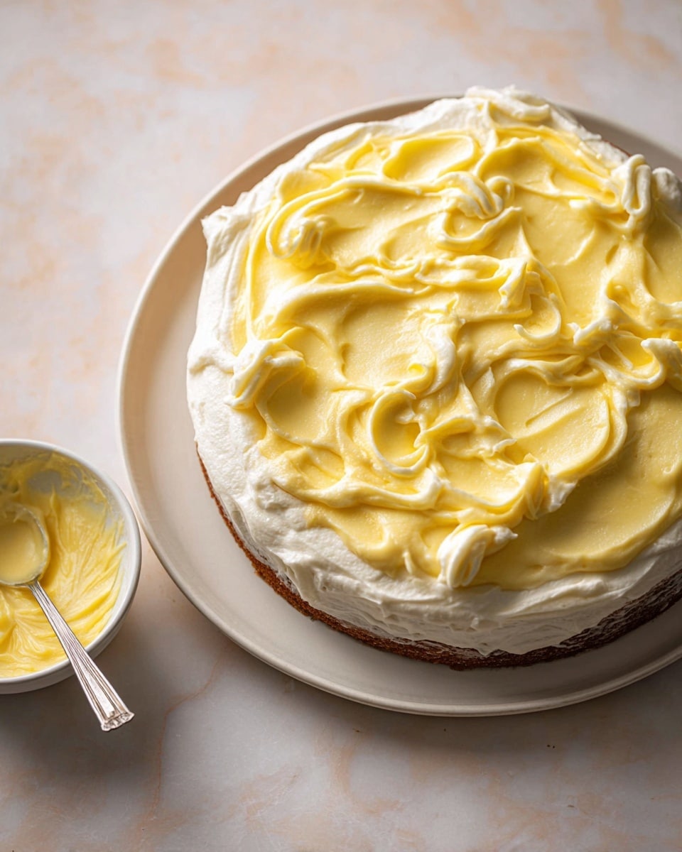 This image shows a round cake with two thick layers of creamy topping spread on it. The bottom layer is a smooth and fluffy white cream, covering the whole top surface of the cake with soft peaks and swirls. On top of this, there is a second layer of bright yellow custard-like cream, also spread in swirled patterns that mix slightly with the white cream. The cake sits on a simple white plate, placed on a white marbled surface. Near the cake, there is a small white bowl holding more of the yellow topping with a spoon resting inside. photo taken with an iphone --ar 4:5 --v 7