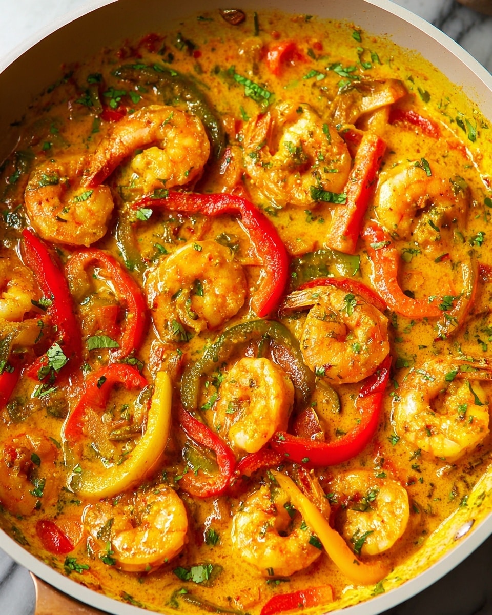 A close-up view of a creamy orange-yellow curry with multiple plump shrimp scattered throughout, mixed with thin slices of red, yellow, and green bell peppers, all coated in a rich sauce that has a smooth, slightly oily texture. Small green herbs are sprinkled over the dish, adding a fresh contrast to the warm colors. The dish is served in a white pan sitting on a white marbled surface. photo taken with an iphone --ar 4:5 --v 7