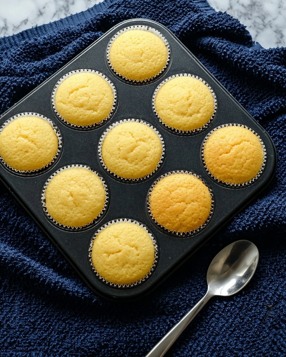 A black muffin tray holds nine small yellow cupcakes, each sitting in a white paper liner. The cupcakes have a soft, spongy texture with smooth, rounded tops. The tray is placed on a dark blue textured cloth, and a silver spoon rests near the bottom right corner. The background is a white marbled surface. Photo taken with an iphone --ar 4:5 --v 7
