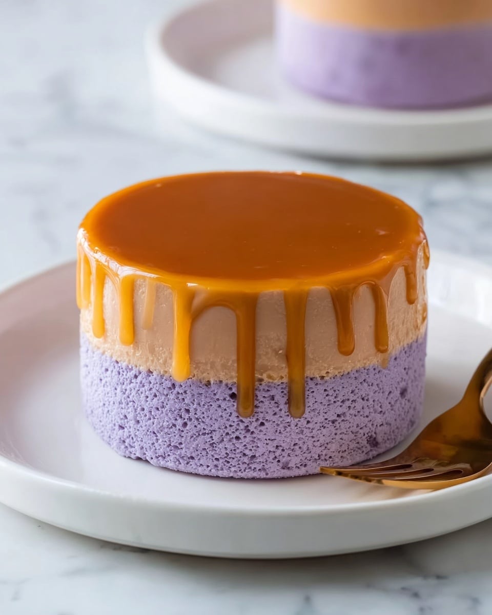 The image shows a small round dessert with two visible layers placed on a white plate on a white marbled surface. The bottom layer is thick, light purple, and has a spongy, airy texture like mousse. The top layer is a thinner, smooth, shiny caramel-colored topping that slightly drips down the sides in thick streaks. To the right side of the dessert, a bronze fork is visible on the plate. The dessert looks fresh and carefully made with a clean separation between the two layers photo taken with an iphone --ar 4:5 --v 7