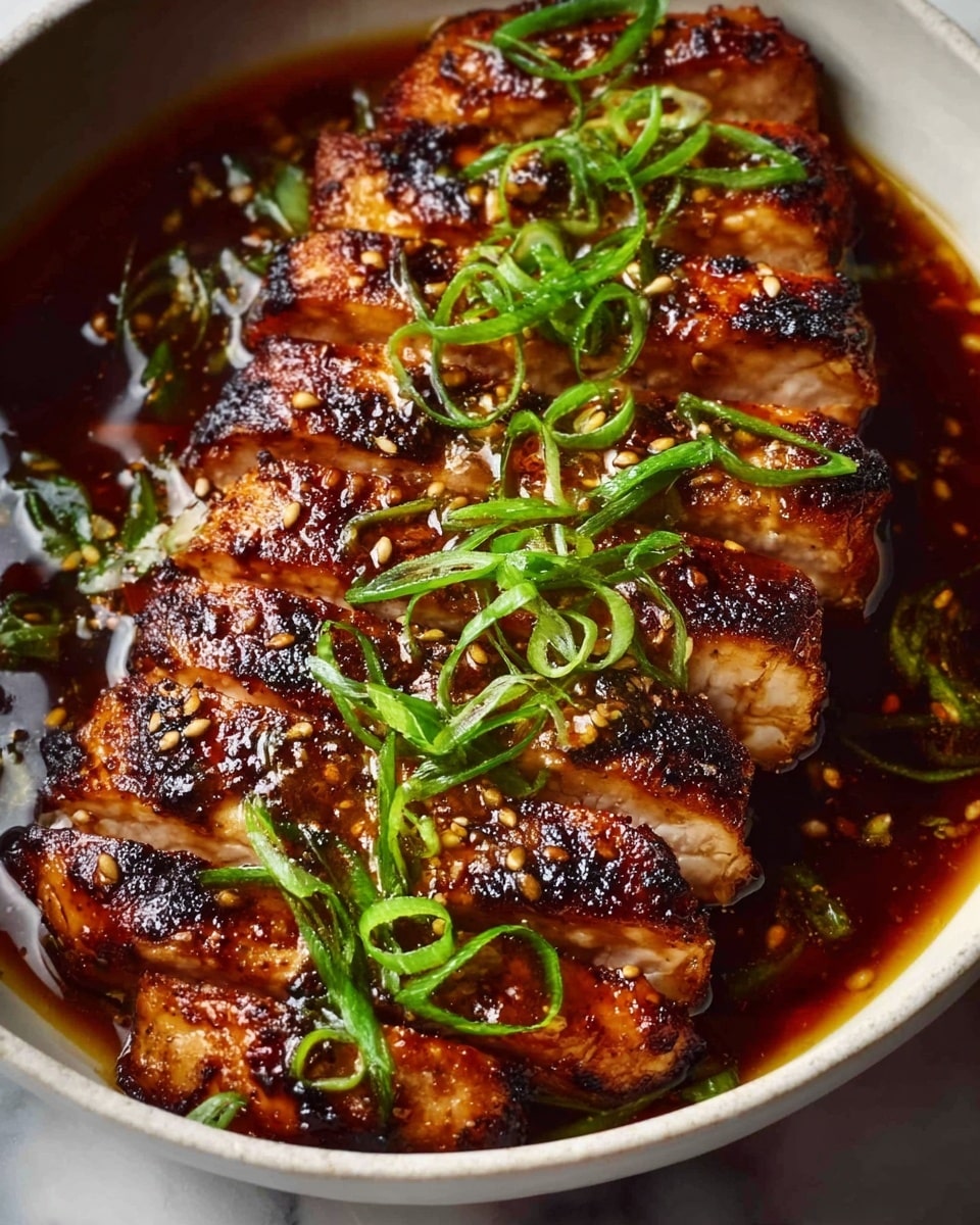 The dish shows a row of sliced grilled chicken with a dark brown, slightly charred surface, glistening with a sticky glaze. The pieces are lined up close together in a shallow white bowl filled with a rich, glossy sauce that pools at the bottom. On top of the chicken, bright green thinly sliced scallions add a fresh contrast with a lively texture. The chicken's surface is sprinkled with small sesame seeds and has a rough, caramelized texture from the grilling. The background is a white marbled surface. Photo taken with an iphone --ar 4:5 --v 7
