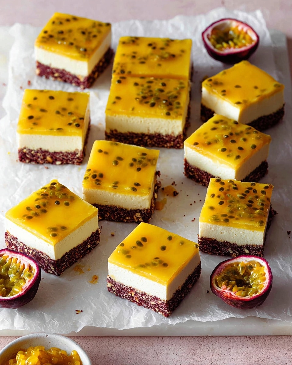 The image shows 15 square slices of a three-layered dessert arranged on a white marbled surface with parchment paper underneath. Each slice has a bottom layer of dark reddish-brown nutty texture, a thick middle layer of smooth pale cream, and a top layer of shiny bright yellow passion fruit glaze with black seeds scattered through it. Some pieces are placed flat on the surface showing the top yellow layer, while four pieces are positioned on their side to display all three layers clearly. Around the dessert, there are halved passion fruits and a small dish filled with yellow passion fruit pulp. The photo is taken with an iphone --ar 4:5 --v 7