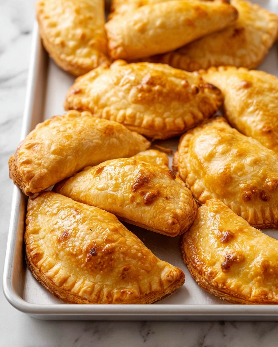 The image shows a white baking tray filled with several golden brown pastry pockets arranged closely together. Each pocket has a flaky, shiny crust with crimped edges and a slightly puffed texture, showing small, uneven layers of baked dough. The pastries vary slightly in shape but are mostly half-moon shaped with a rich, warm golden color, some having visible small browned spots. The tray rests on a white marbled surface, and there is soft natural light highlighting the glossy and textured tops of the pastries. photo taken with an iphone --ar 4:5 --v 7
