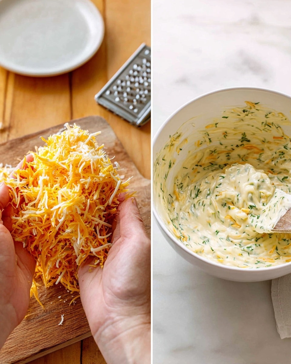The image shows two close-up views side by side: on the left, a woman's hands holding a pile of shredded cheese in mixed orange and white colors over a wooden board, with a metal cheese grater and part of a white plate in the background on a white marbled surface; on the right, a white bowl filled with a creamy mixture that looks thick and smooth with green herbs stirred inside, where a spatula is partially visible mixing the mixture, also set on the same white marbled surface. photo taken with an iphone --ar 4:5 --v 7