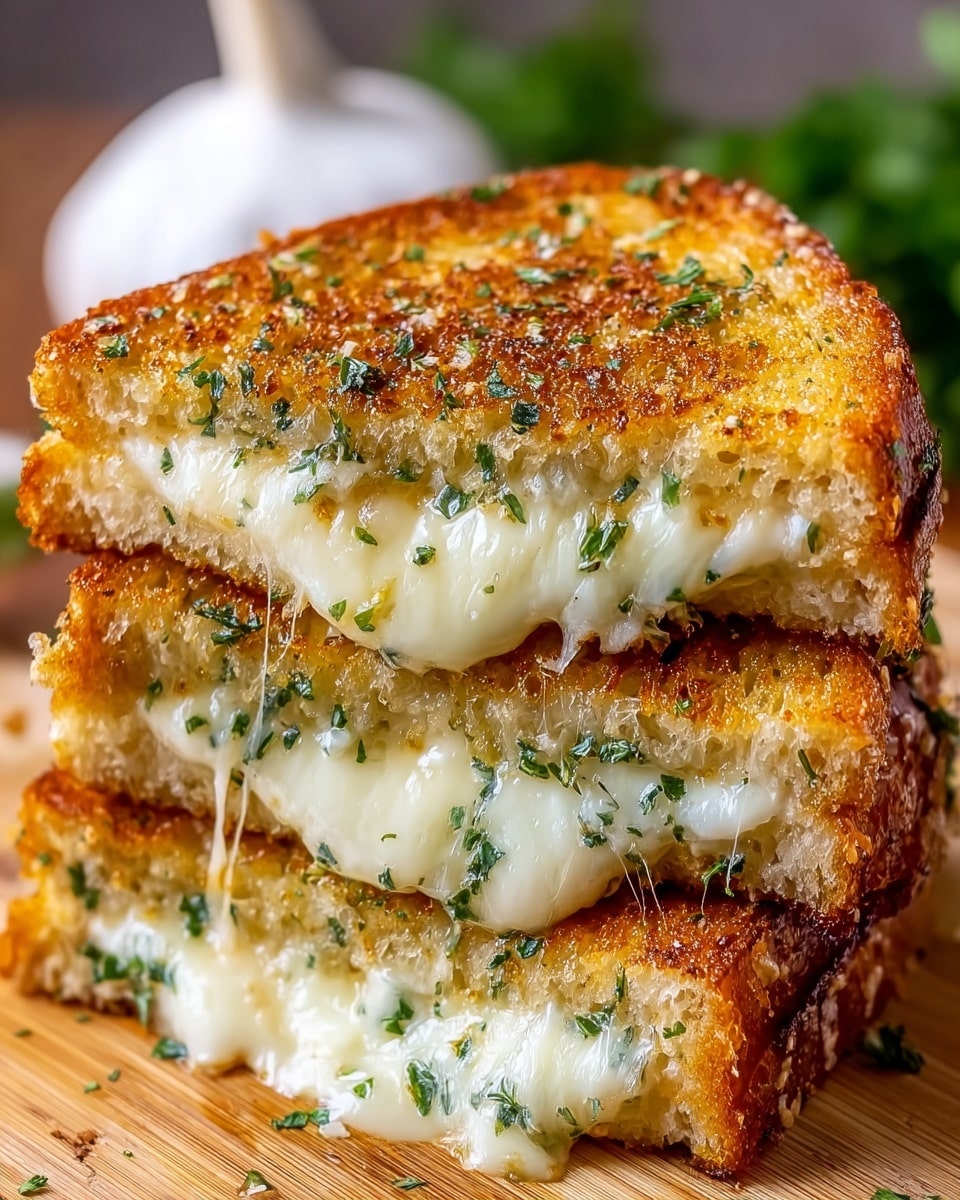 A close-up view of a grilled cheese sandwich cut into two halves stacked on top of each other, showing three layers: the top and bottom layers are golden brown toasted bread with a crispy texture sprinkled with green herbs, and the middle layer is melted white cheese oozing out with bits of herbs mixed in, all placed on a light brown wooden surface with a blurred white garlic bulb and green background hint. photo taken with an iphone --ar 4:5 --v 7