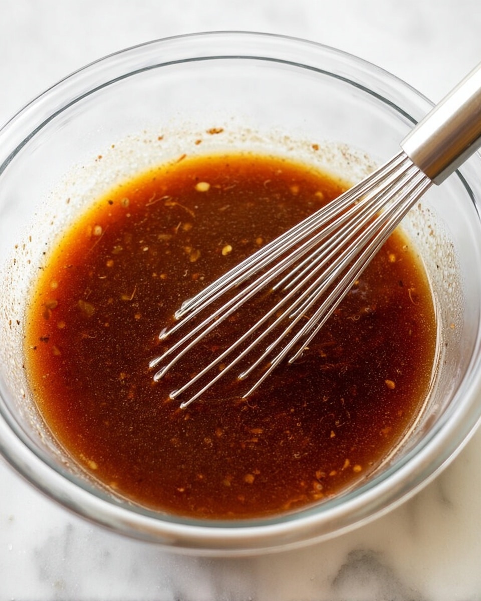A clear glass bowl with a deep brown, thin sauce inside, showing small bits of spices floating through it. A shiny silver metal whisk with thin wires is resting partially in the sauce, angled from the bottom right toward the center. The bowl is placed on a white marbled surface, giving a clean and bright background. The sauce has a slightly oily sheen and smooth texture, with light reflecting softly off the surface. photo taken with an iphone --ar 4:5 --v 7