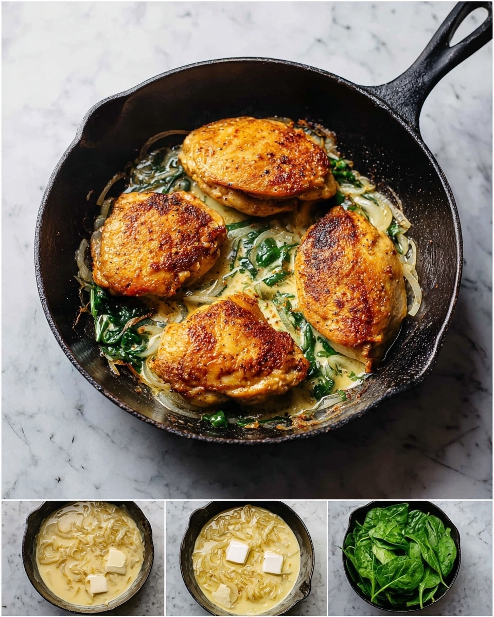 A black cast iron pan sits on a white marbled surface, holding four golden-brown cooked chicken pieces with a crispy texture, their edges slightly darker from frying. Next to it, three smaller images show the cooking process: first, thinly sliced onions are sautéed in the pan with oil, turning light golden; second, a creamy pale sauce with two small white butter pieces melting on top fills the pan; third, fresh bright green spinach leaves cover the creamy sauce inside the pan, giving a vibrant contrast. photo taken with an iphone --ar 4:5 --v 7