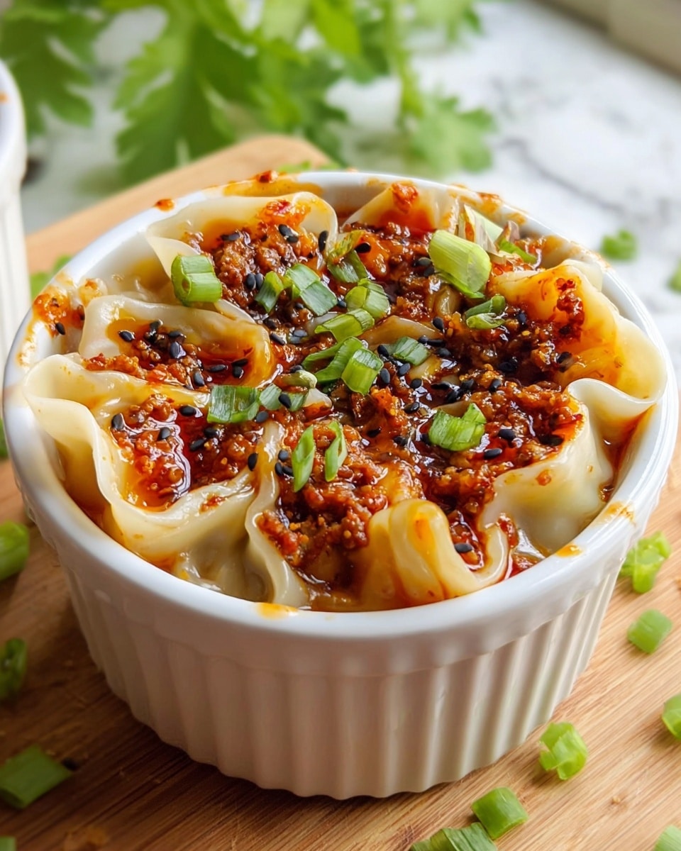A white ramekin filled with a layered dish starting with a base of soft, pale dumpling wrappers arranged loosely with wrinkled edges showing, topped with a mix of reddish-brown sauce and ground meat filling. The sauce has a glossy, slightly oily texture with visible chili oil patches that add bright red color. The dish is finished with scattered chopped green onions and small black sesame seeds sprinkled on top. The ramekin is placed on a light wooden surface with green onion pieces around, and green leaves blurred in the background on a white marbled surface. photo taken with an iphone --ar 4:5 --v 7