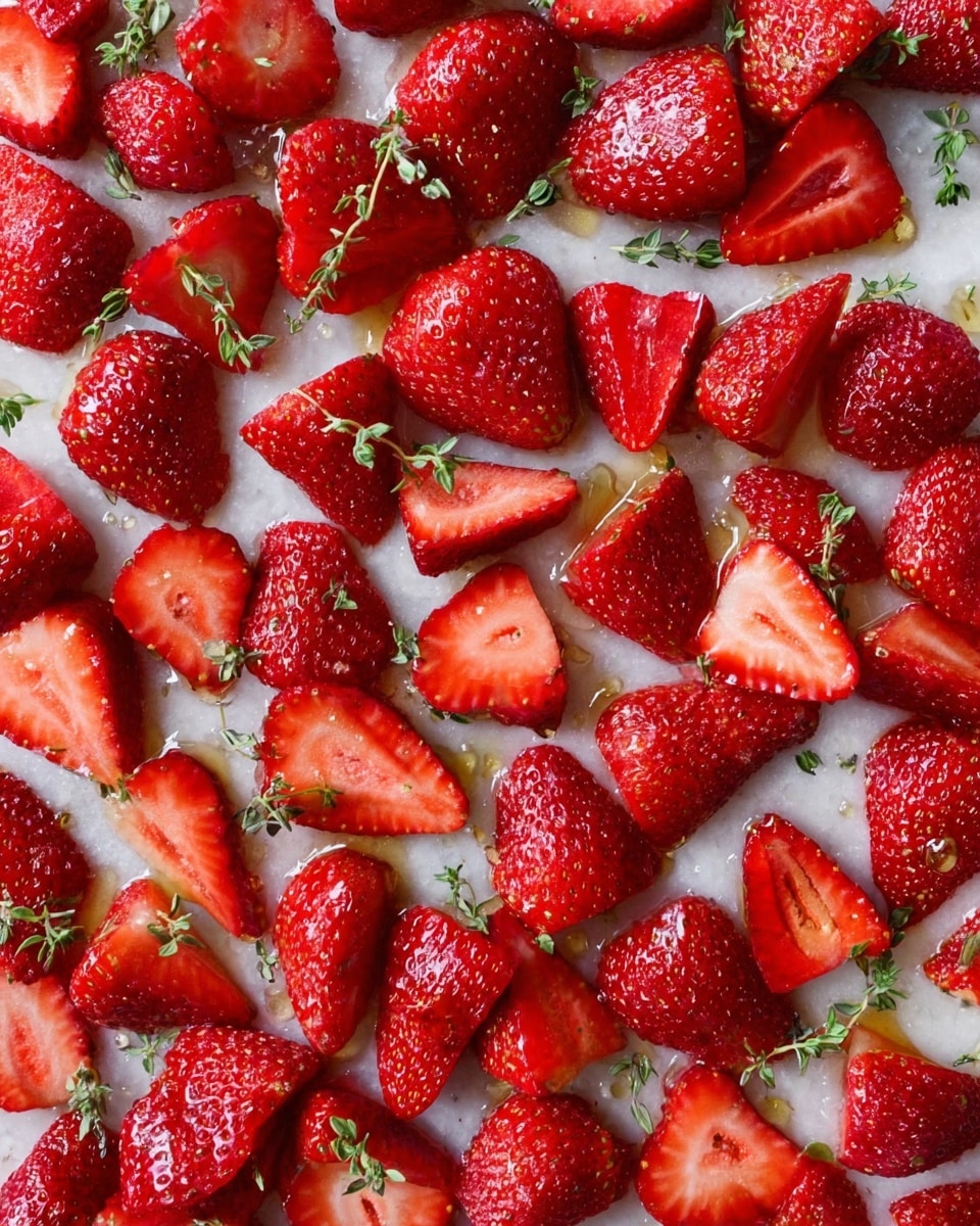 The image shows many bright red strawberries, some whole and some sliced in halves or quarters, spread over a white marbled surface. The strawberries are fresh and juicy with their seeds visible, and the cut fruit reveals a lighter red inside. Scattered among the strawberries are small green thyme sprigs, adding a touch of green to the image. There are small drops of honey or syrup lightly glistening over the strawberries and surface, adding shine and a sweet touch. photo taken with an iphone --ar 4:5 --v 7