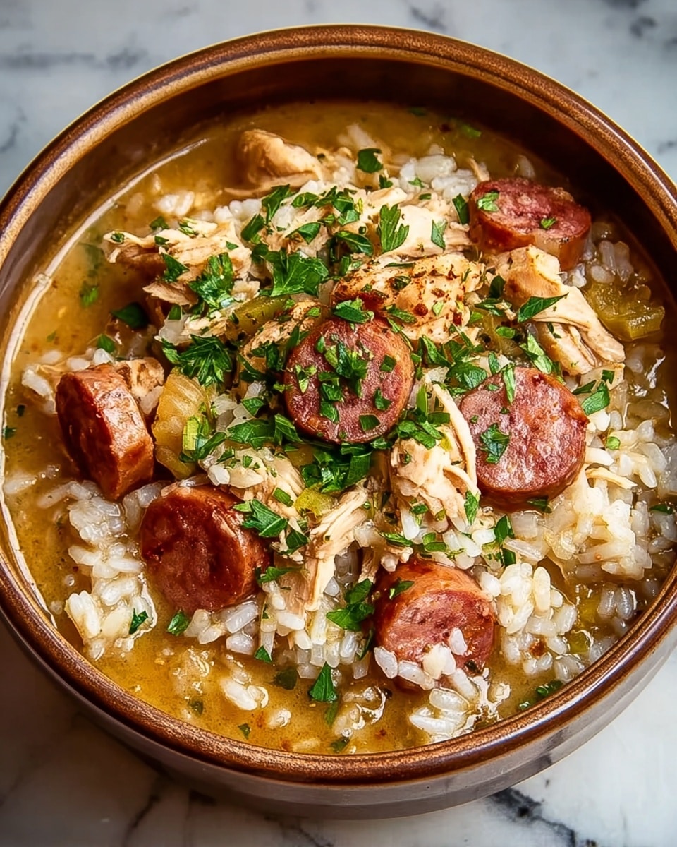 A brown bowl filled with a thick mixture showing layers of white rice stirred into a light brown broth, scattered with sliced red sausage pieces and chunks of shredded light brown chicken on top. Small bits of green herbs are spread evenly over the dish, adding a fresh touch, all placed on a white marbled surface. photo taken with an iphone --ar 4:5 --v 7
