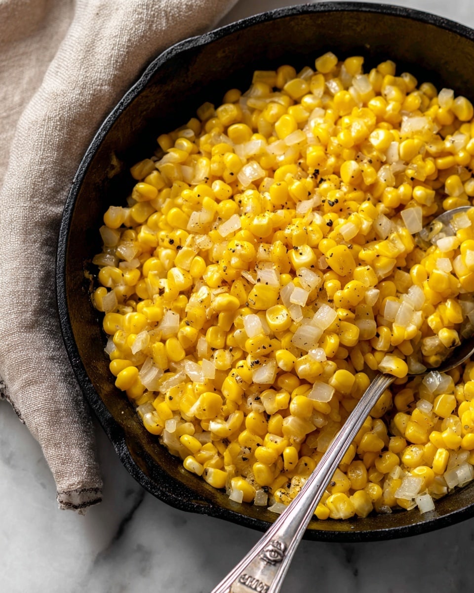 A close-up of cooked yellow corn kernels mixed with small pieces of light-colored diced onions in a black cast iron skillet. The corn looks soft and shiny, with some small black pepper specks scattered throughout. A silver spoon with an engraved handle is partially visible resting inside the skillet on the lower right side, near a beige linen cloth slightly peeking in the background. The scene is set on a white marbled surface. photo taken with an iphone --ar 4:5 --v 7