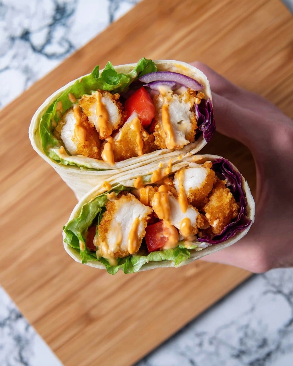 A woman's hand holds two halves of a wrap close together, each showing layers inside a white tortilla. The first layer is crispy, golden-brown chicken pieces with a coating, resting on fresh, bright green lettuce leaves. Next to the chicken are small, bright red tomato cubes and some thin slices of deep purple onion. There is a creamy orange sauce drizzled lightly over the filling that adds a smooth texture. The wrap reveals the soft, white inside of the tortilla around the edges. The background features a white marbled texture surface under a wooden board. photo taken with an iphone --ar 4:5 --v 7
