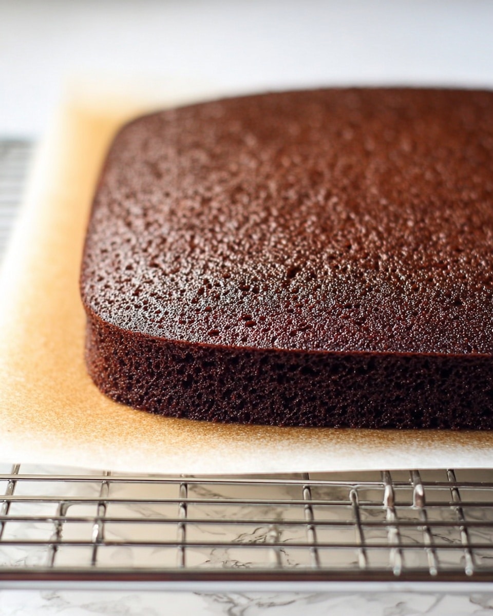 A single layer of moist chocolate cake sits on parchment paper over a metal cooling rack, showing a spongy texture with small holes throughout. The top surface is slightly shiny with tiny bubbles and a rich dark brown color. The edges are straight and thin, revealing the consistent texture inside. The scene is set against a white marbled surface photo taken with an iphone --ar 4:5 --v 7