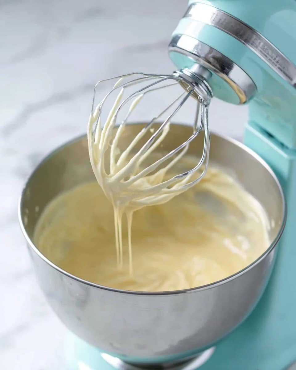 This image shows a close-up of a shiny silver metal mixing bowl attached to a light blue stand mixer. Inside the bowl, there is a thick, creamy batter of pale yellow color. A silver whisk attachment is lifted above the bowl, with some of the smooth batter dripping from its wires. The background is a white marbled texture. The lighting is soft and bright, highlighting the glossy surface of the batter and metal bowl. Photo taken with an iphone --ar 4:5 --v 7