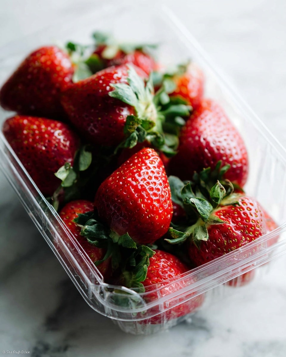 A clear plastic container filled with fresh strawberries, showing many bright red strawberries with green leafy tops spread inside. The strawberries are close together, some showing small seeds and varying sizes. The background is a white marbled texture, softly blurred to keep the focus on the strawberries. Photo taken with an iphone --ar 4:5 --v 7