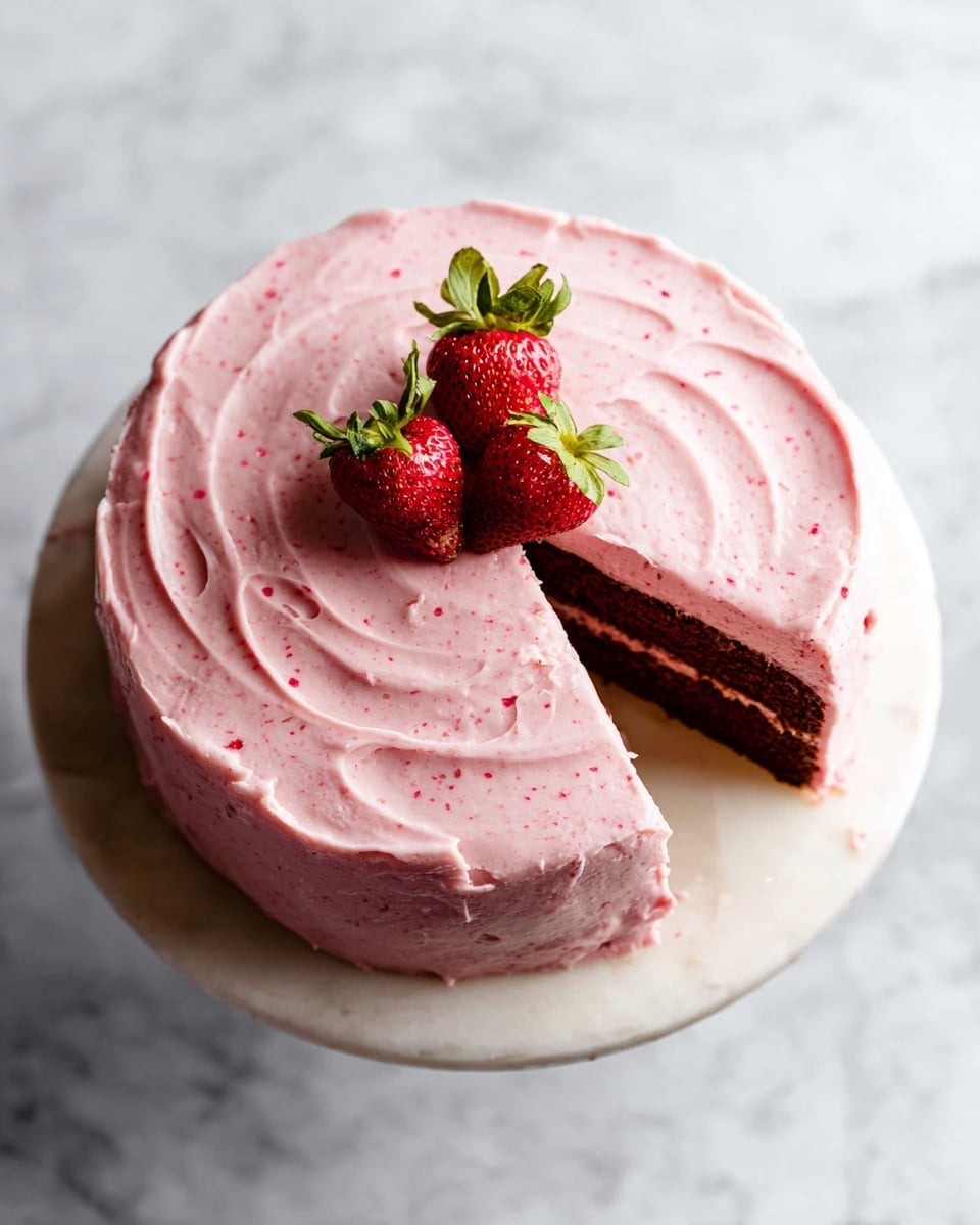 A single-layer round cake covered in thick, smooth pink frosting with small red specks throughout. The frosting is spread evenly with some visible swirl patterns on top. Two fresh whole strawberries with green leaves sit at the center of the cake. One slice of the cake is cut and slightly pulled out, revealing the dark brown cake underneath the pink frosting. The cake is placed on a white marble cake stand, which is set against a white marbled surface. photo taken with an iphone --ar 4:5 --v 7