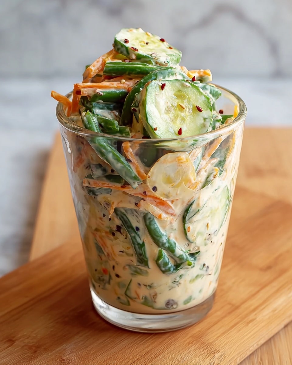 A clear glass filled with a creamy salad, showing three visible layers mixed together: thin, round slices of light green cucumber, long bright green beans, and thin orange carrot strips, all coated in a pale, creamy dressing with small black and red seeds spread throughout. The glass is placed on a wooden board with a white marbled texture in the background. photo taken with an iphone --ar 4:5 --v 7