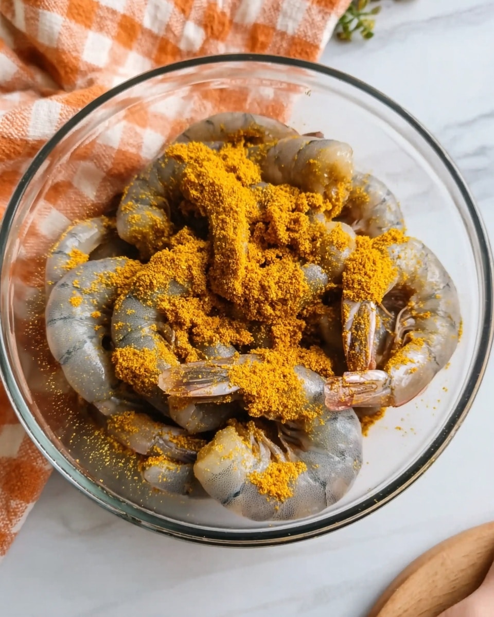 A clear glass bowl filled with raw shrimp that have a blue-grey color, covered unevenly with a bright orange-yellow powder of seasoning on top. The bowl is placed on a white marbled surface with an orange and white checkered cloth partially visible behind it. A woman's hand is resting near the bowl on the right side. photo taken with an iphone --ar 4:5 --v 7