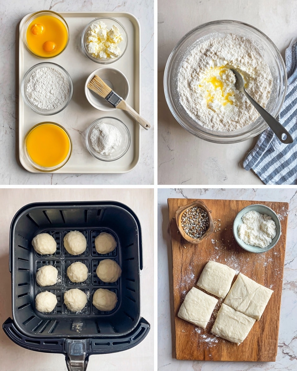 The image shows four steps of making a dish: The first section has a white tray holding small glass bowls filled with yellow beaten eggs, white cottage cheese, chunks of white cheese, white flour, salt, and mixed seeds, along with a woman’s hand brush and a fork. The second section shows a clear glass bowl on a white marbled surface with white flour and white cottage cheese on top, with a spoon resting inside. The third section displays a wooden board that holds white dough cut into pieces and small chunks of white cheese nearby, with some flour sprinkled under a flattened dough piece with a cheese chunk in the middle. The fourth section shows nine small round dough balls placed evenly inside the black basket of an air fryer, with a glass bowl of beaten eggs and a small bowl of mixed seeds nearby on a white marbled surface. photo taken with an iphone --ar 4:5 --v 7