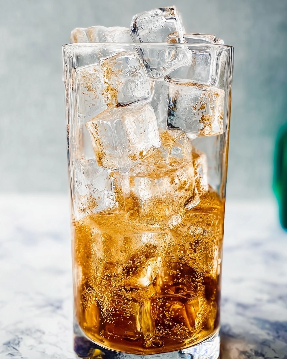 A tall clear glass is filled with large ice cubes stacked in multiple layers. The ice cubes near the bottom are soaked with a light brown liquid that creates shiny reflections and tiny bubbles inside the cubes. The ice cubes on top remain mostly clear, showing sharp edges with wet surfaces that catch the light. The glass sits on a white marbled surface with a soft focus background. Photo taken with an iphone --ar 4:5 --v 7