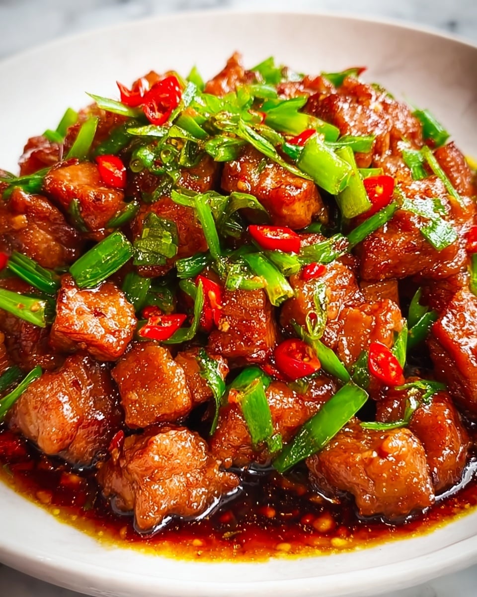 The image shows a close-up of a dish with many small pieces of cooked meat coated in a shiny, reddish-brown sauce. Mixed in are bright green pieces of scallions and small red chili bits, all spread evenly over the meat. The meat looks tender with a slight crispy texture on the edges. It is placed on a white plate with a white marbled surface beneath. The sauce gives a glossy finish, and the overall look is fresh and flavorful photo taken with an iphone --ar 4:5 --v 7