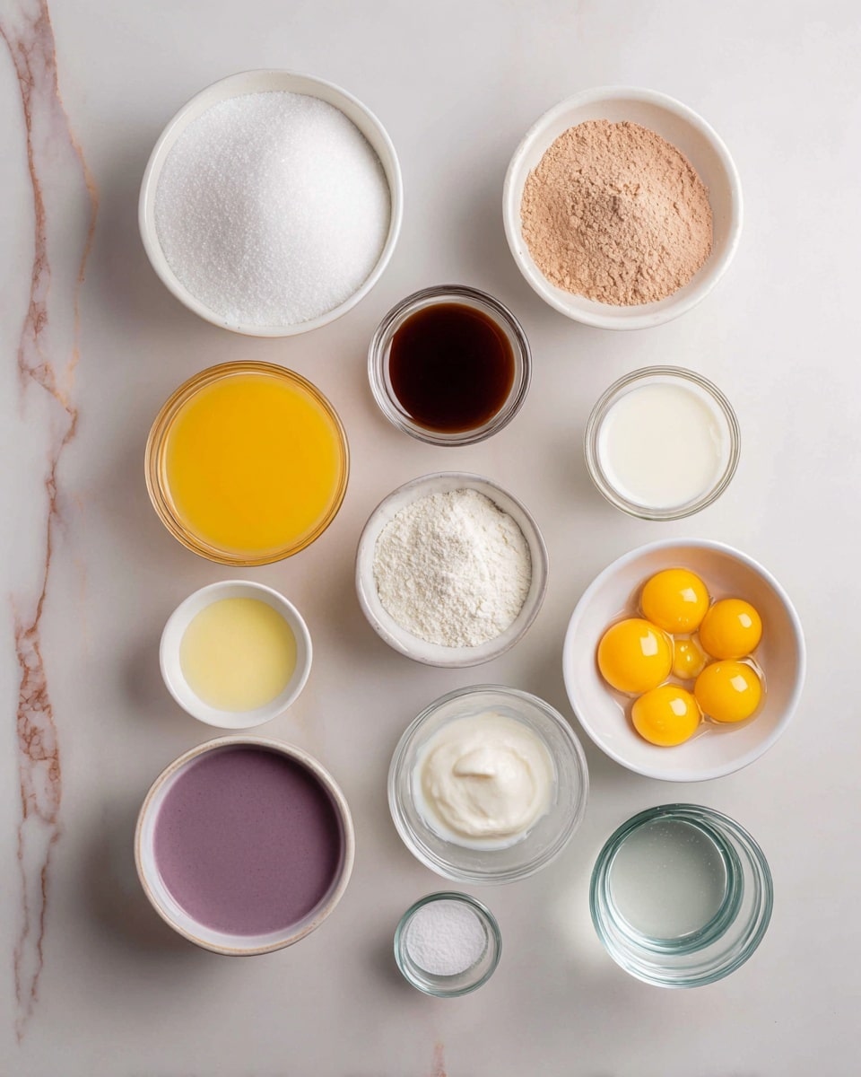 The image shows twelve small bowls and containers on a white marbled surface, each holding a different ingredient. From top left to bottom right: a white bowl filled with white granular sugar, a white bowl with light brown powder, a clear glass with white milk, a small clear glass with dark brown liquid, a small clear bowl with white salt, a smaller clear bowl with light brown powder, a clear glass with orange juice, a clear bowl with smooth purple liquid, a clear glass with cream or light milk, a small white bowl with white powder, a clear bowl filled with bright yellow egg yolks, and a clear container with clear water. The arrangement is neat and organized, showcasing ingredient variety in colors and textures among white dishes. Photo taken with an iphone --ar 4:5 --v 7