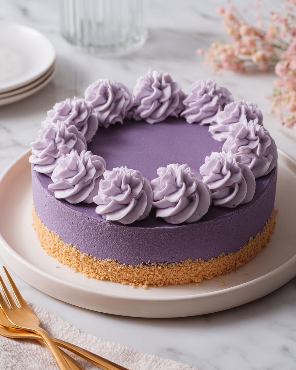 This image shows a round purple cake with two layers placed on a white plate. The bottom layer is a golden brown crust with a crumbly texture, while the top layer is smooth and dense in a rich purple color. On top, there are twelve thick swirls of light purple cream evenly spaced around the edge of the cake. The cake sits on a white marbled surface, with a glass and cloth visible in the background, and two golden forks in the lower-left corner. The lighting is soft and natural, highlighting the creamy texture of the cake and the swirls. photo taken with an iphone --ar 4:5 --v 7