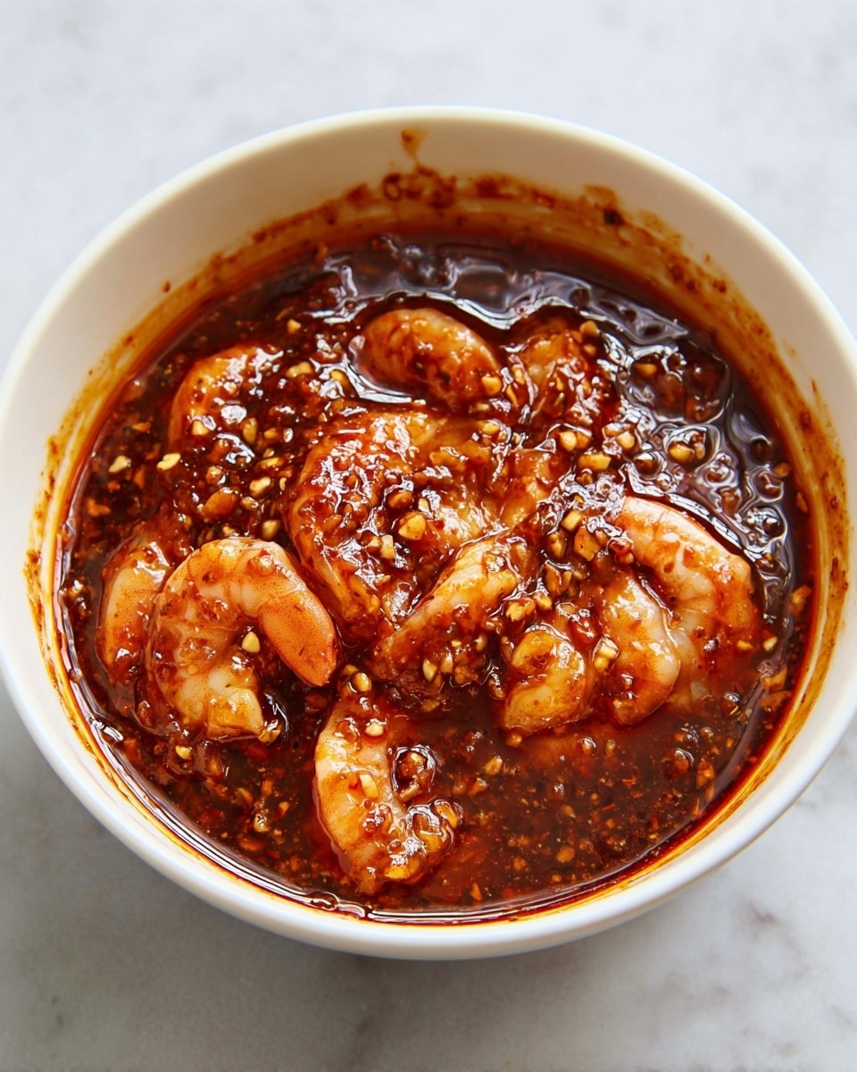 A white bowl is filled with a thick dark reddish-brown sauce mixed with small pieces of minced garlic. Inside the sauce, there are several pieces of raw shrimp partially submerged, showing a shiny, wet texture and light pinkish-orange color. The sides of the bowl have splashes and streaks of the sauce, and the bowl sits on a white marbled surface. The scene is brightly lit, showing clear details of the sauce's texture and shrimp's glossy appearance. photo taken with an iphone --ar 4:5 --v 7