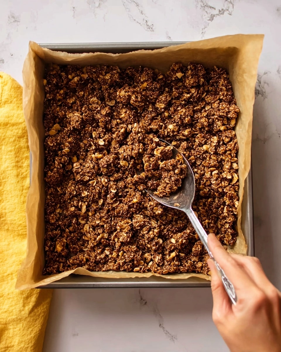 The image shows a square baking pan lined with parchment paper filled with a single thick layer of uneven, crumbly granola mixture that is dark brown with visible oat flakes and nut pieces, being pressed down with a large spoon held by a woman's hand from the bottom right corner; the pan is placed on a white marbled surface, and there is a hint of a yellow fabric in the top left corner. photo taken with an iphone --ar 4:5 --v 7