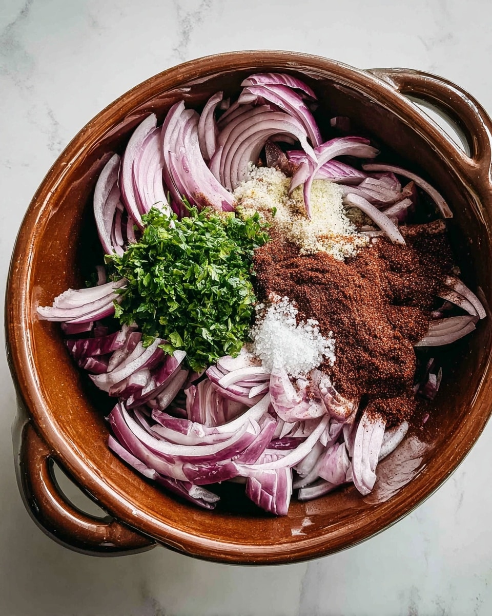A brown bowl holds several layers of ingredients on a white marbled surface. The base layer is thinly sliced purple onions, spread evenly around the bowl. On top of the onions, there is a small pile of finely chopped green herbs placed near the bottom center. Next to the herbs, towards the right half of the bowl, is a heap of dark reddish-brown spice powder. Scattered over the onions and spices are coarse white salt crystals, adding texture across the layers. The bowl has two small handles and a glossy finish. photo taken with an iphone --ar 4:5 --v 7