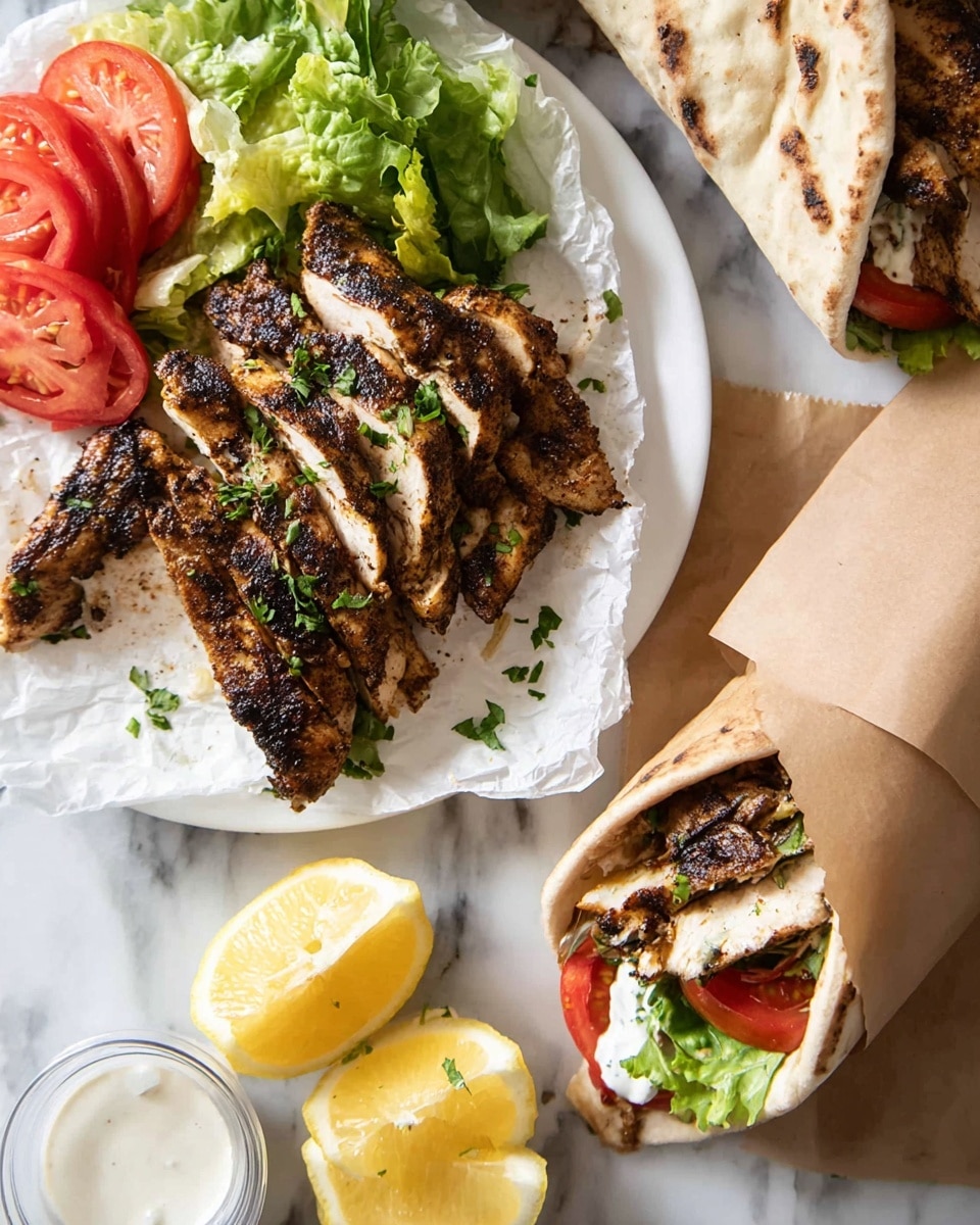 The image shows a white plate with grilled chicken that is dark brown with a slightly charred texture on top, sliced and fanned out, with some green chopped herbs sprinkled on it. Next to the chicken are bright red tomato slices and fresh green lettuce leaves. Below the plate, there are three yellow lemon wedges placed on a white marbled surface. To the right, there is a wrapped pita sandwich showing layers inside: dark grilled chicken pieces, bright green lettuce, red tomato slices, and white creamy sauce, all inside a light brown pita wrap. Below the lemons is a small clear container with white sauce. The scene is set on a white marbled surface that gives a clean and fresh look. photo taken with an iphone --ar 4:5 --v 7