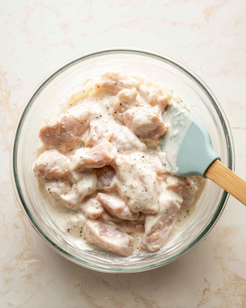 A clear glass bowl filled with raw chicken pieces coated in thick white creamy sauce with small black specks, the chicken pieces are pale pink and partially covered, giving a soft, smooth texture overall. A spatula with a light blue silicone head and a wooden handle rests inside the bowl on the right side. The bowl is placed on a white marbled textured surface. photo taken with an iphone --ar 4:5 --v 7