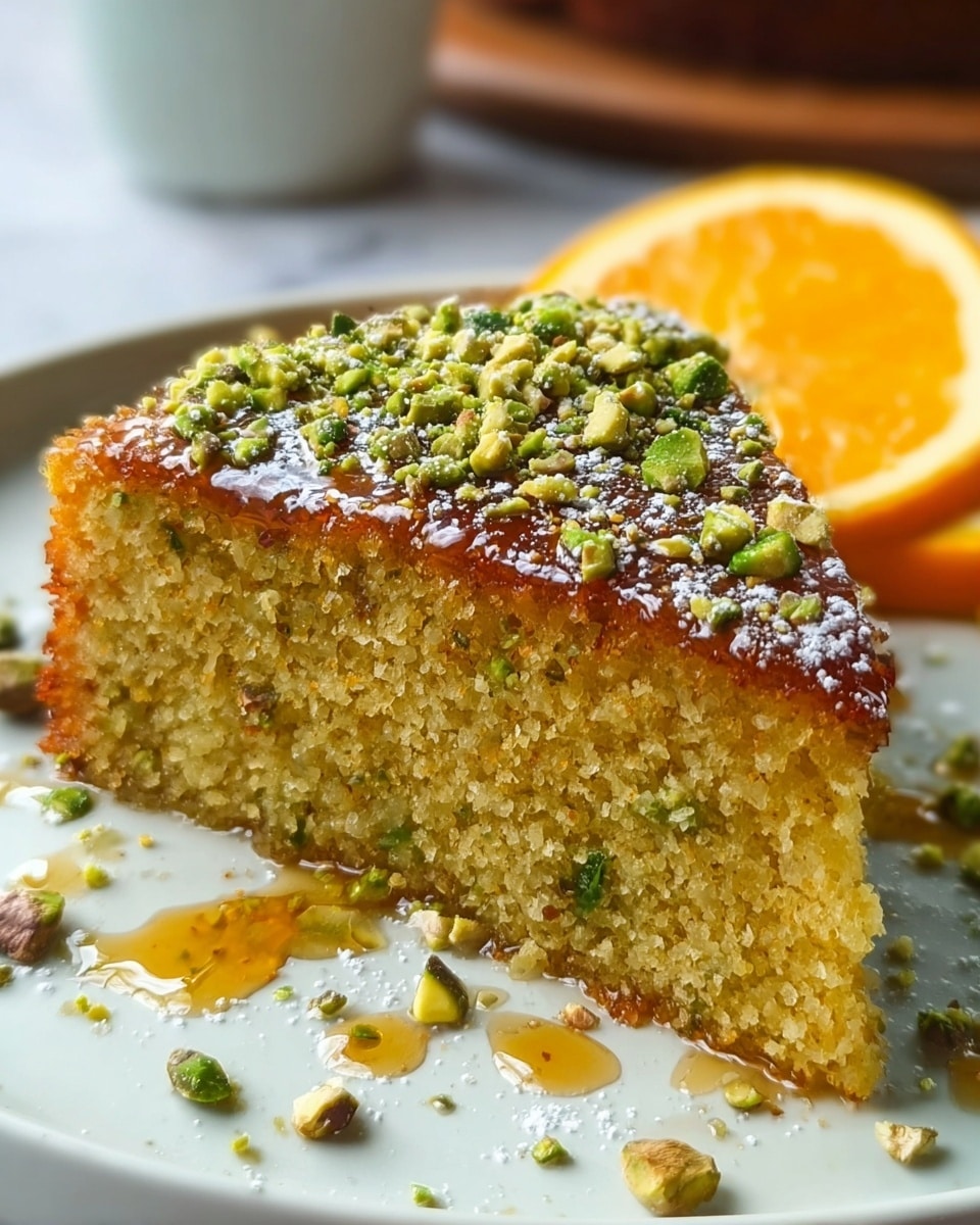 A single slice of moist yellow cake sits on a white plate, showing one thick layer with a grainy texture inside. The top layer is darker brown with a shiny glaze, sprinkled generously with crushed green pistachio nuts and a light dusting of white powdered sugar. Some crushed nuts and small drops of syrup are scattered around the cake on the plate. Behind the slice, there is a blurred orange slice adding a pop of bright color. The whole scene is set on a white marbled surface. Photo taken with an iphone --ar 4:5 --v 7