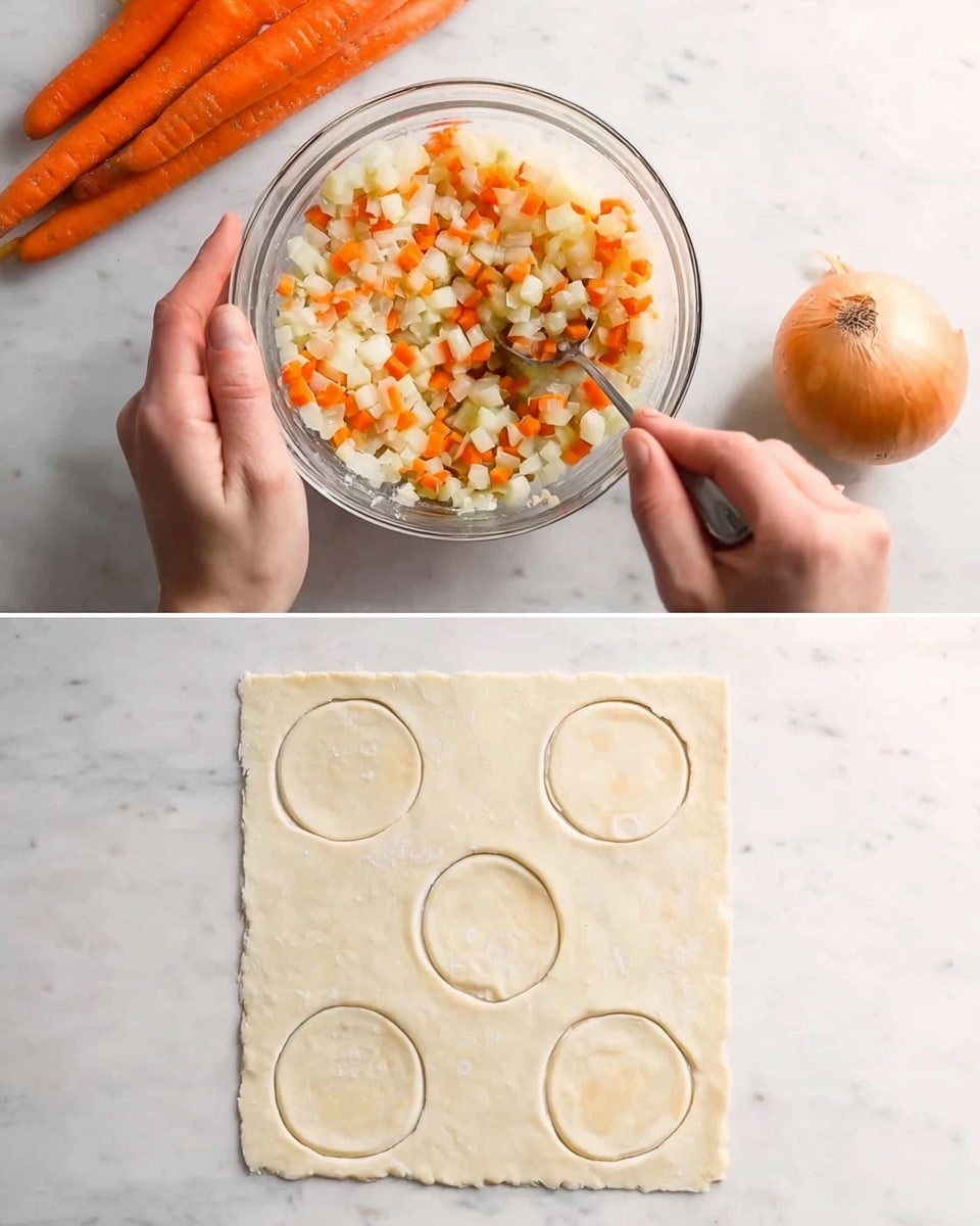The image is split into two parts; the top shows a clear glass bowl filled with small, mixed diced pieces of white and orange vegetables, possibly potatoes and carrots, being held by woman's hands, with a spoon stirring inside. The bowl sits on a white marbled surface next to a whole orange carrot and a round onion. The bottom part of the image shows a square sheet of light dough on the same white marbled surface, with four round shapes cut out but still connected, again next to the carrot and onion. Photo taken with an iphone --ar 4:5 --v 7