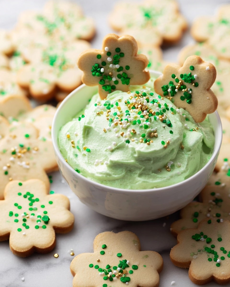 The image shows a white bowl filled with light green whipped frosting, decorated with small round sprinkles in white, green, and gold, along with green shamrock-shaped sprinkles on top. Two shamrock-shaped cookies with small green specks are placed standing inside the frosting. Around this bowl, many more similar shamrock-shaped cookies with green specks are spread out on a white marbled surface. The overall look is bright, festive, and clean. Photo taken with an iphone --ar 4:5 --v 7