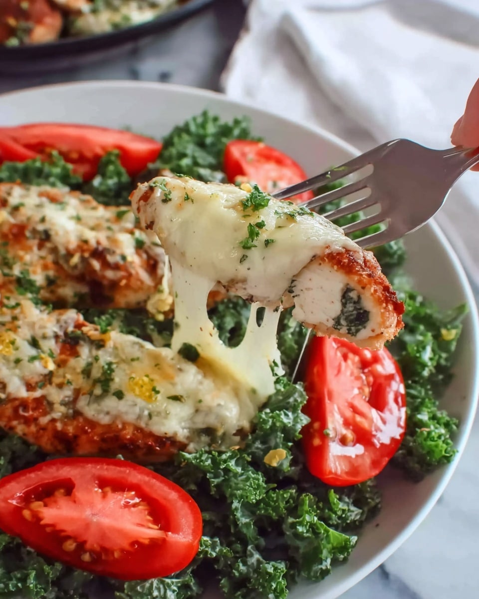 The image shows a white plate with a fresh green kale salad mixed with bright red tomato wedges as the base layer. On top of the salad, there are pieces of chicken covered in a creamy melted cheese that stretches as a fork lifts one piece. The chicken has a light golden-brown crust, and the cheese is white with small bits of green herbs and yellow seasoning visible. The scene is set on a white marbled surface, and a woman's hand is holding the fork lifting the cheesy chicken piece. Photo taken with an iphone --ar 4:5 --v 7