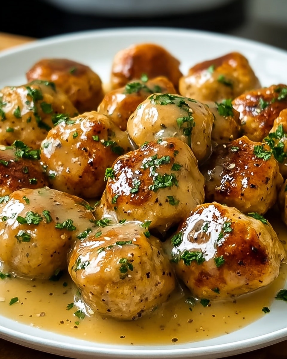 A white plate filled with about twelve golden-brown meatballs, each covered in a shiny light brown sauce with visible specks of seasoning. The sauce pools slightly at the bottom of the plate, giving a glossy look to the dish. Bright green herb pieces are sprinkled evenly on top of the meatballs and sauce, adding color contrast. The meatballs have a slight crisp texture on the outside, and the white marbled surface underneath the plate is visible. Photo taken with an iphone --ar 4:5 --v 7