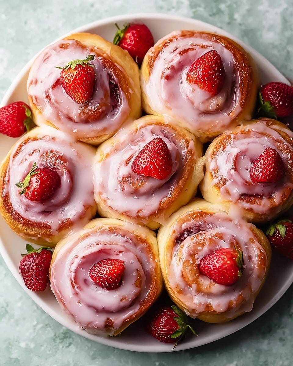 The image shows seven soft rolls arranged closely on a round white plate, each roll topped with thick pink icing that drips down the sides. On top of each roll are two bright red strawberry slices with a shiny texture, some sprinkled lightly with white powdered sugar. The rolls have a golden-brown outer layer with a soft yellow dough inside. The plate sits on a white marbled surface with faint green leaves blurred in the background. photo taken with an iphone --ar 4:5 --v 7