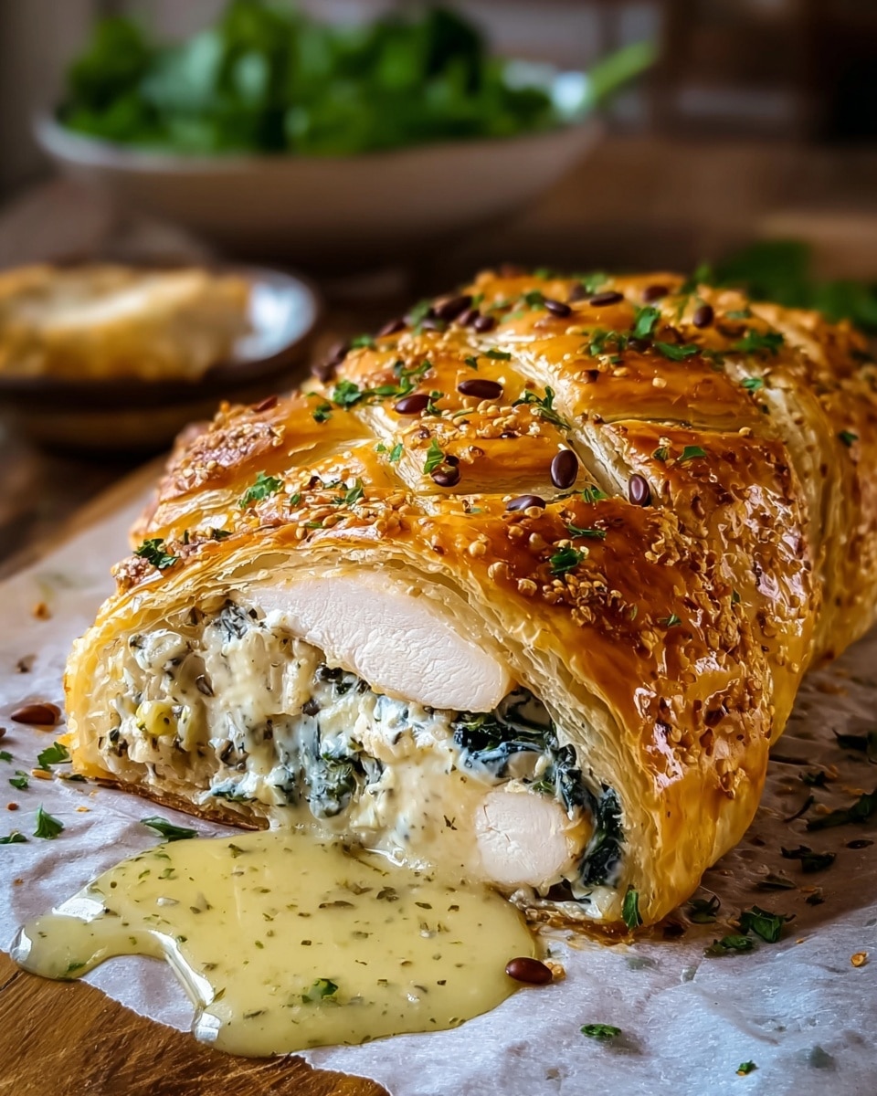 The dish shows a golden brown puff pastry with three diagonal cuts on top, sprinkled with green herbs and small brown seeds. Inside, there are three visible layers: the outer crisp, shiny, flaky pastry; a creamy white sauce mixed with dark green leafy pieces and small chunks of a white ingredient; and a thick piece of white meat at the center. A small pool of light yellow sauce with green herb bits drips out from the cut, resting on a piece of parchment on a wooden surface. In the background, there is a blurred bowl of green leafy vegetables. The photo taken with an iphone --ar 4:5 --v 7
