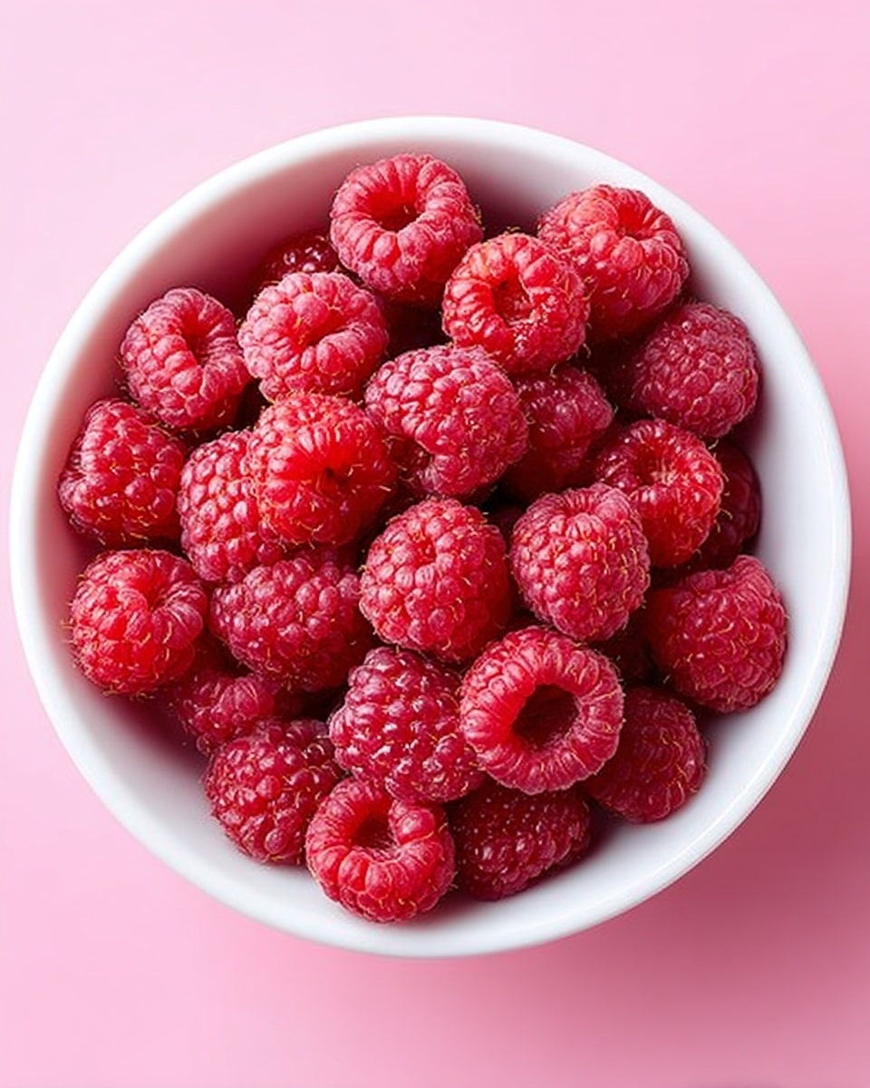 A white bowl filled with many bright red raspberries, each raspberry showing its detailed bumpy texture and hollow center. The bowl sits on a smooth pink surface, making the red raspberries stand out clearly. The raspberries fill the bowl fully, some slightly stacked on top of others, giving a fresh and juicy look. The photo taken with an iphone --ar 4:5 --v 7