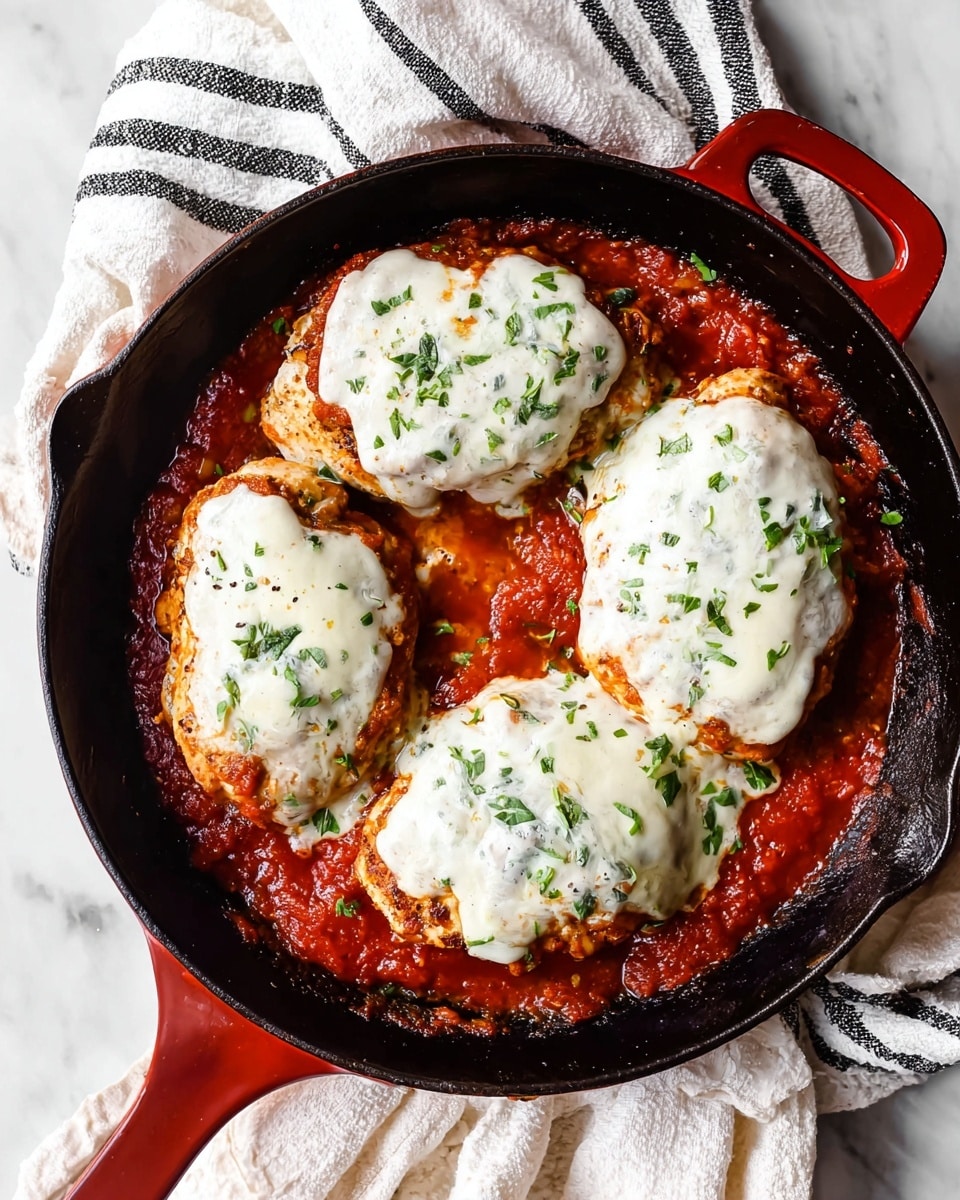 A red cast iron pan holds four pieces of cooked chicken, each topped with a thick layer of white creamy sauce sprinkled with small green herbs. Beneath the chicken is a rich, chunky red tomato sauce filling the base of the pan. The edges of the pan show slightly browned spots from cooking. The pan is placed on a white marbled surface covered with a white cloth and a striped black and white cloth. photo taken with an iphone --ar 4:5 --v 7