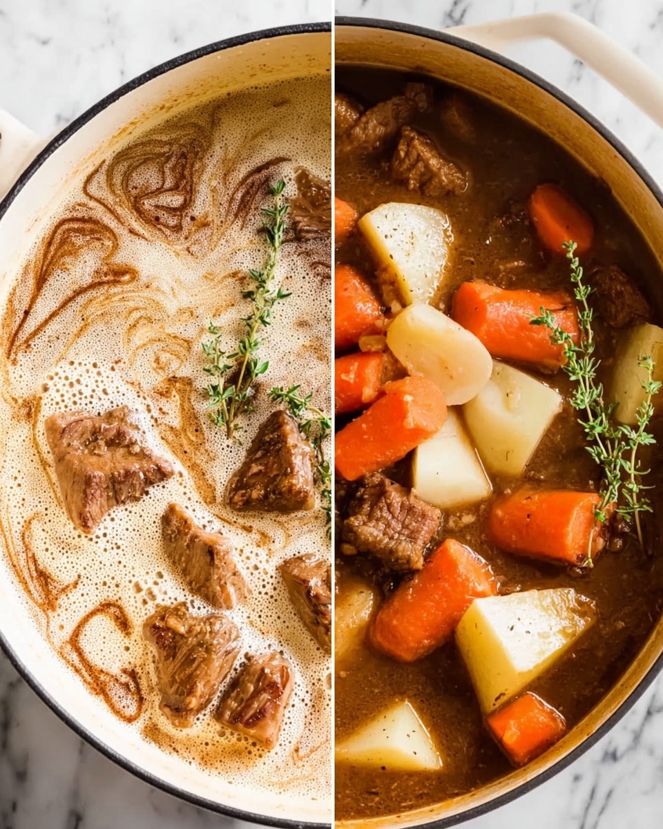 The image shows two close-up views of a stew cooking in a white pot. On the left side, there are pieces of brown meat in a creamy, frothy broth with swirls of light cream and bubbles on the surface. On the right side, chunks of orange carrots and white potatoes are added, floating in a dark brown broth along with small pieces of meat. Both sides have sprigs of green thyme on top, and the stew looks rich and hearty. The pot sits on a white marbled surface. Photo taken with an iphone --ar 4:5 --v 7