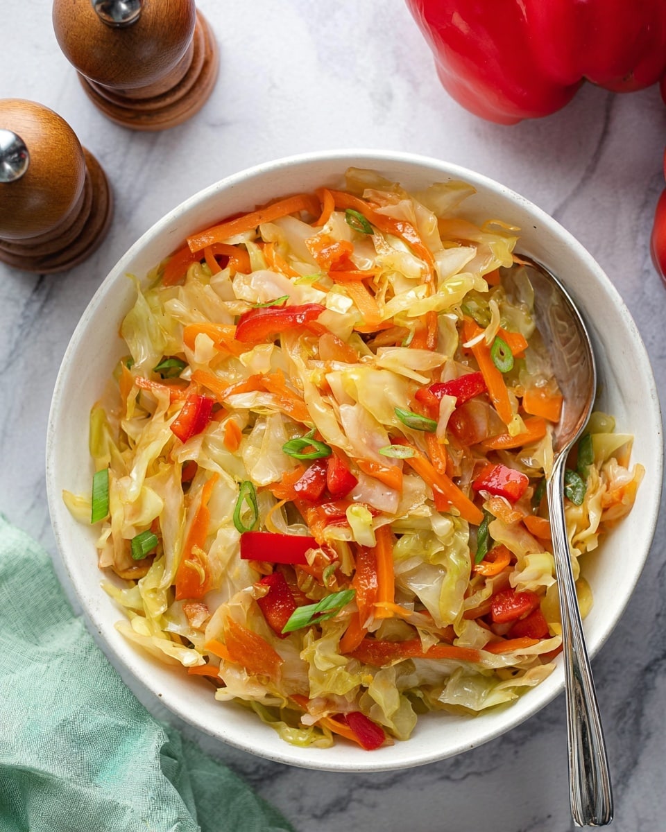 A white bowl filled with cooked cabbage mixed with bright orange carrot strips and small pieces of red bell pepper, all lightly coated in a glossy sauce. Thin green onion slices are scattered throughout, adding a fresh touch, while a shiny silver spoon rests on the right side inside the bowl. The bowl sits on a white marbled surface with two wooden pepper grinders in the top left and two whole red bell peppers in the top right corner. A light green cloth is seen at the bottom left edge of the scene photo taken with an iphone --ar 4:5 --v 7