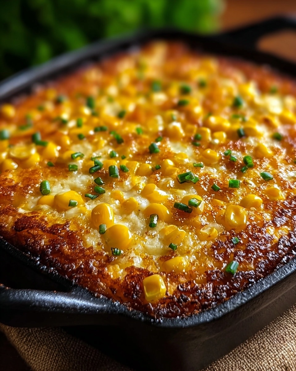 A close-up shows a freshly baked dish in a black cast iron pan with two handles. The dish has a golden brown, crispy top layer covered with yellow corn kernels scattered evenly. Small green chive pieces are sprinkled all over the surface, adding fresh color. The top layer has a mix of crunchy, caramelized, and slightly melted textures with a few shiny, butter-like spots. The edges of the dish appear darker and crispier, adding contrast to the soft middle. The pan rests on a brown cloth, with a blurred green background. photo taken with an iphone --ar 4:5 --v 7