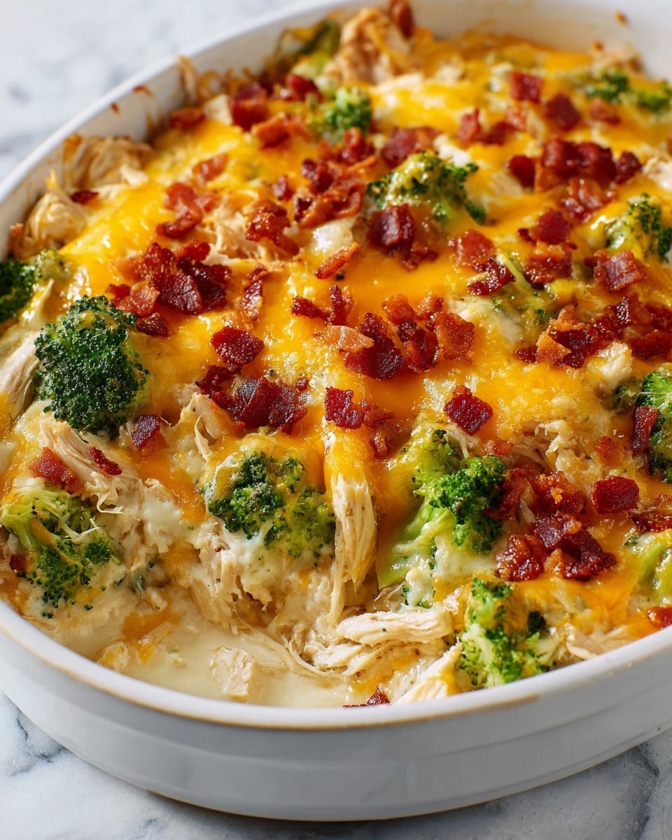 The dish is a baked casserole served in a white ceramic dish, showing a rich mix of layers. The bottom layer is creamy and white, partially visible near the edge. On top of this are pieces of tender, light beige shredded chicken scattered evenly. Bright green broccoli florets are mixed throughout, adding a fresh, textured look. The entire dish is topped with melted golden yellow cheese, covering the ingredients in a thick, smooth layer. Sprinkled across the cheese are small, crispy dark reddish-brown bacon bits, adding a crunchy texture. The casserole's surface looks warm and gooey, with a mix of soft and crisp textures. The dish is placed on a white marbled surface. Photo taken with an iphone --ar 4:5 --v 7