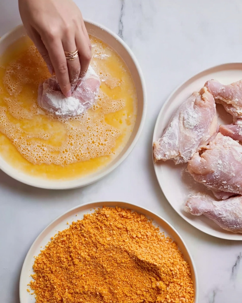 A woman's hand coated in white flour is dipping a piece of raw pink chicken into a shallow white plate filled with beaten eggs that have a light yellow-orange color with bubbles and a slightly foamy texture. To the right, there is another white plate holding several pieces of raw chicken covered lightly in flour, showing a powdery white layer on the pink meat. Below, a third white plate is filled with orange-yellow crushed crumbs that have a rough, grainy texture, ready for coating. All plates are arranged on a white marbled surface photo taken with an iphone --ar 4:5 --v 7