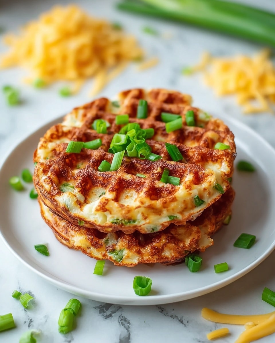 Two golden brown waffles are stacked on a white plate, each waffle showing a crispy, textured grid pattern with melted cheese and small green onion pieces baked inside. The top waffle has scattered fresh green onion pieces on it, adding a pop of color. The plate sits on a white marbled surface with more chopped green onions around it and blurred yellow shredded cheese and whole green onions in the soft background. Photo taken with an iphone --ar 4:5 --v 7