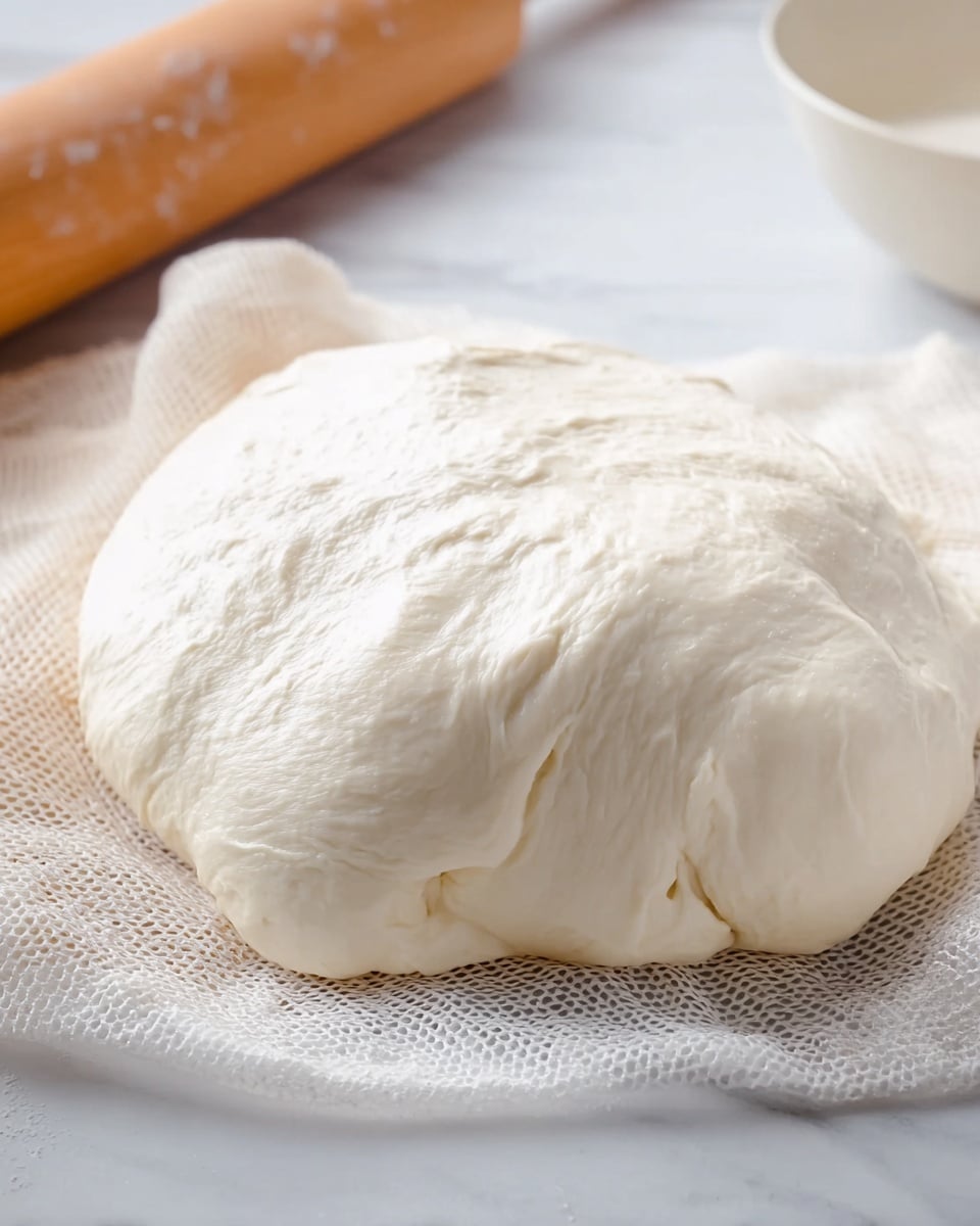 A close-up view of a thick, smooth dough ball resting on a lightly textured white mesh cloth over a white marbled surface. The dough is pale cream in color with soft, slightly shiny, and elastic folds and wrinkles visible on its rounded surface. To the left edge, part of a wooden rolling pin is shown, and at the top right, a white bowl with a smooth interior is partially visible. The overall scene focuses on the dough's soft and stretchy texture, with natural light enhancing its subtle curves and details. photo taken with an iphone --ar 4:5 --v 7