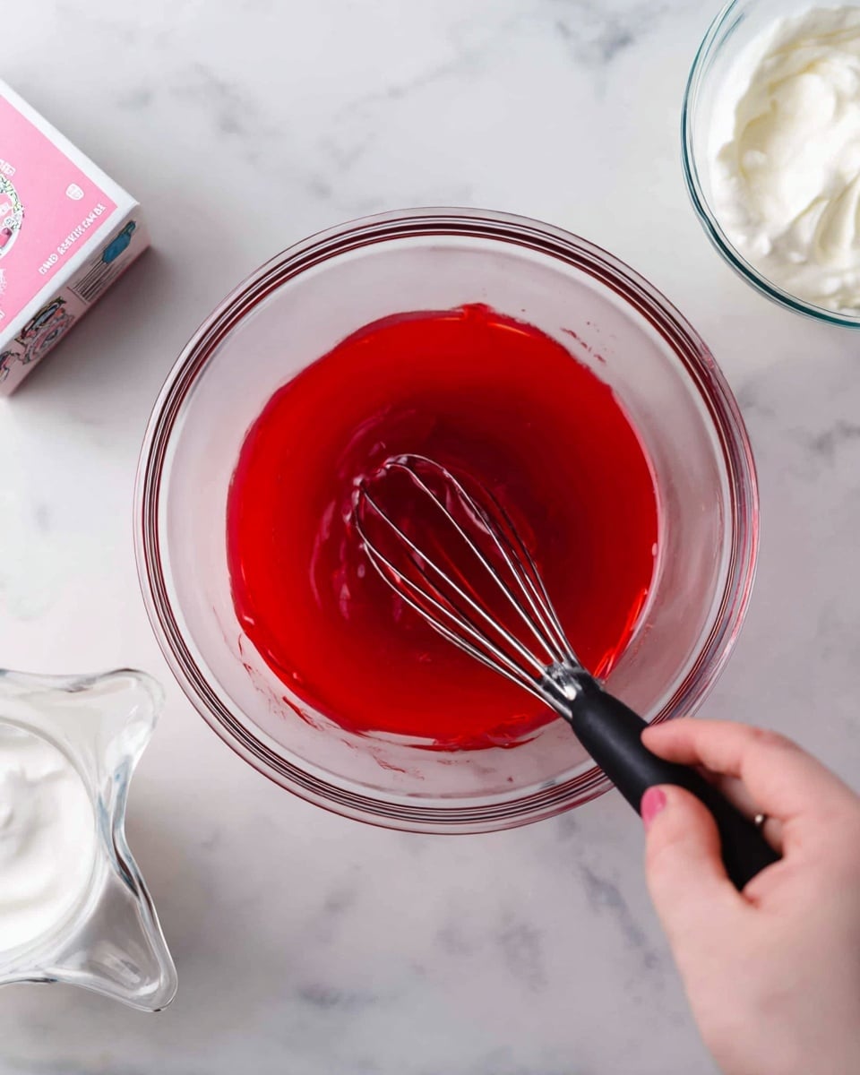 A close-up view of a clear glass bowl containing a smooth, bright red liquid being stirred by a woman's hand holding a whisk with a black handle. Around the bowl, on a white marbled surface, there is a second clear glass bowl with a thick white cream and a clear measuring jug with some liquid in it. Partially visible in the lower left corner is a pink and white box. The scene is well-lit, showing clean textures and vibrant colors. photo taken with an iphone --ar 4:5 --v 7