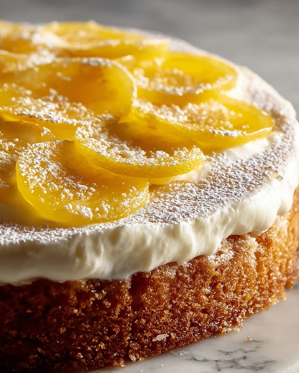 A two-layer round cake with golden yellow sponge layers separated and topped by a thick white creamy frosting. The cream looks smooth and spread unevenly, with some cream dripping down the sides. On the top layer, there is a shiny, translucent yellow glaze poured over the cream, creating a glossy surface. Thin, bright yellow lemon slices with visible pulp and rind are arranged in a small mound at the center. The cake stands on a plain white plate, set on a white marbled surface. photo taken with an iphone --ar 4:5 --v 7
